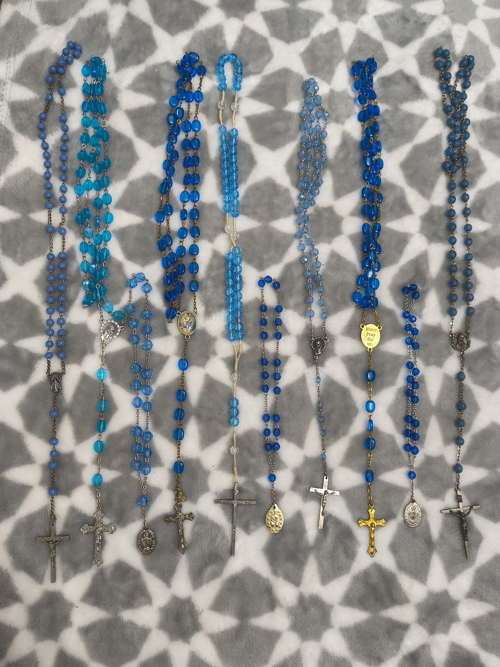 Blue Rosary Necklace Lot - Assorted Beaded Cross Necklaces